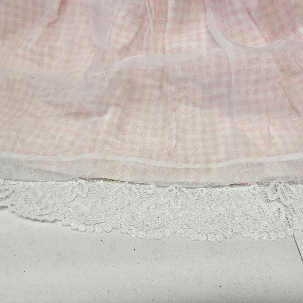 Vintage Girls Size 12 Pink Gingham‎ Organza Dress Lace Floral Pearl Accents USA
